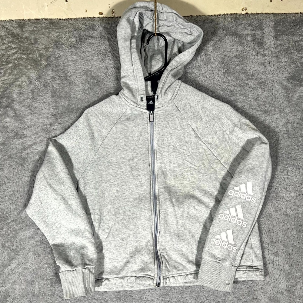 Adidas Hoodie Women Heather Gray Fleece Loose Fit Sportswear Stacked Logo Zip Up